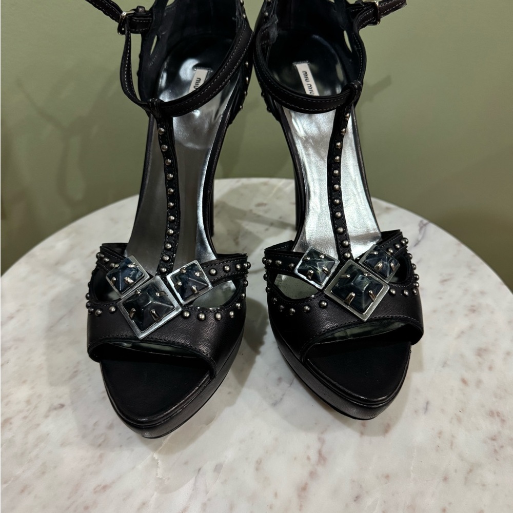 Miu Miu Black Strappy Heels with Studs Embellishments